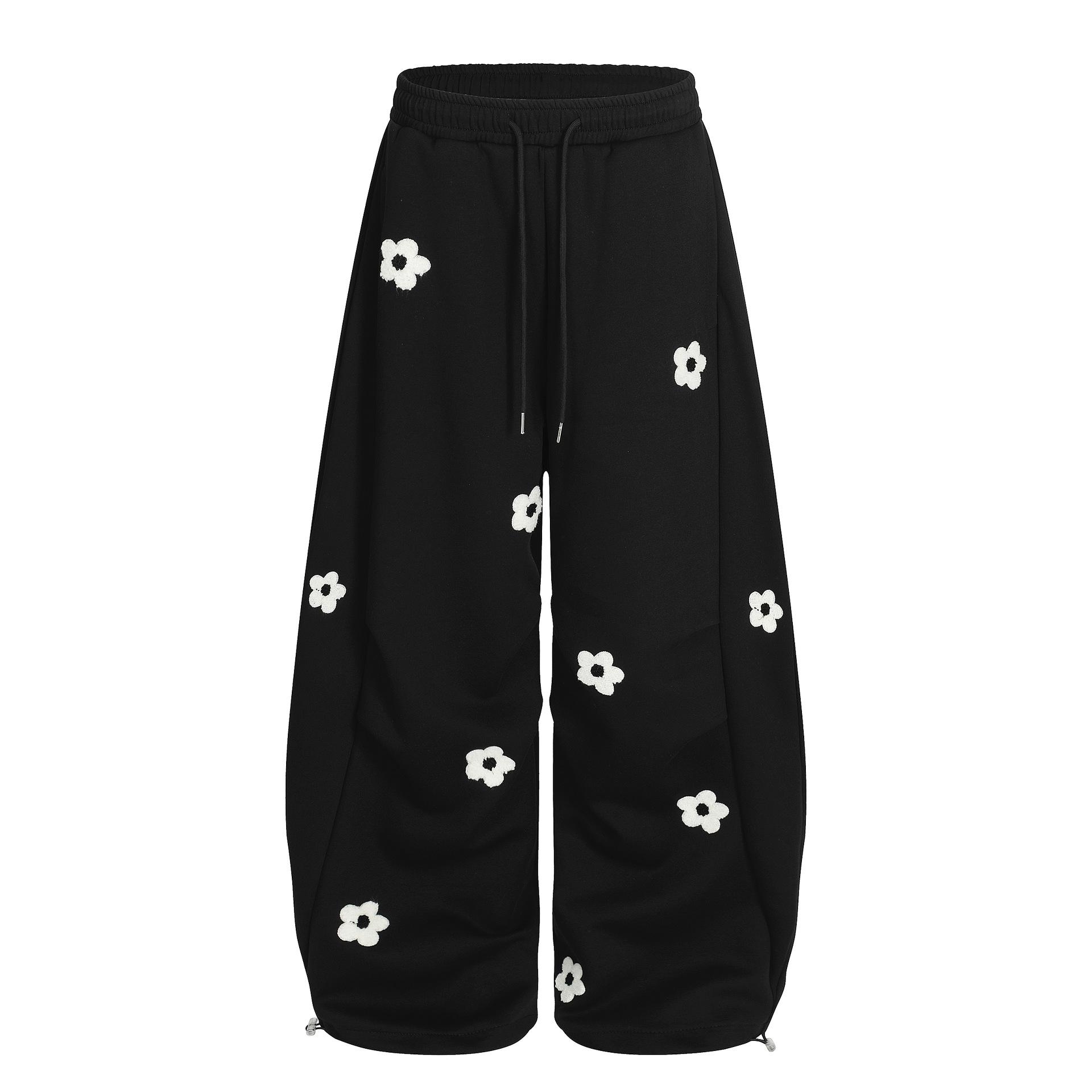 Men's Floral Embroidery Baggy Barrel Sweatpants Elastic Waist Drawstring Casual Y2K Streetwear Loose Fit Vintage Joggers Menswear