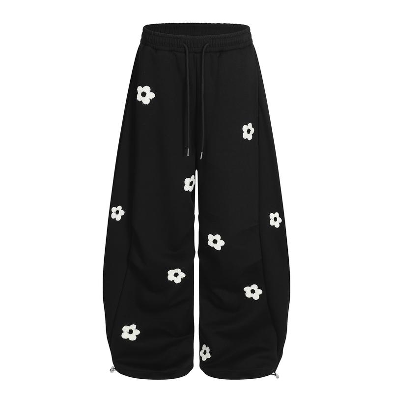 TELLFUN 2026 Unisex Floral Embroidery Baggy Barrel Sweatpants Elastic Waist Drawstring Casual Y2K Streetwear Loose Fit Vintage Joggers