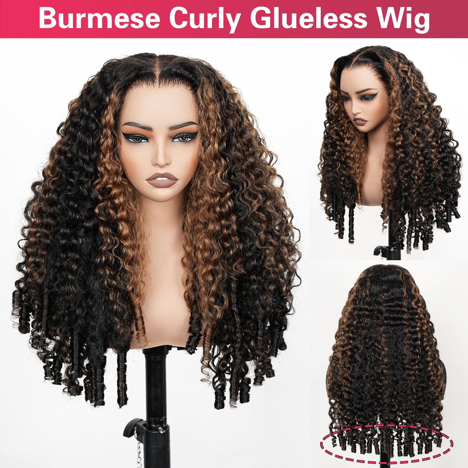 QUANDIAN 13X6 Burmese Curly Glueless Highlight Lace Front Wigs Human Hair Pre-Cut HD Lace Beginner Friendly Pre Bleached Upgraded Drawstring for Women