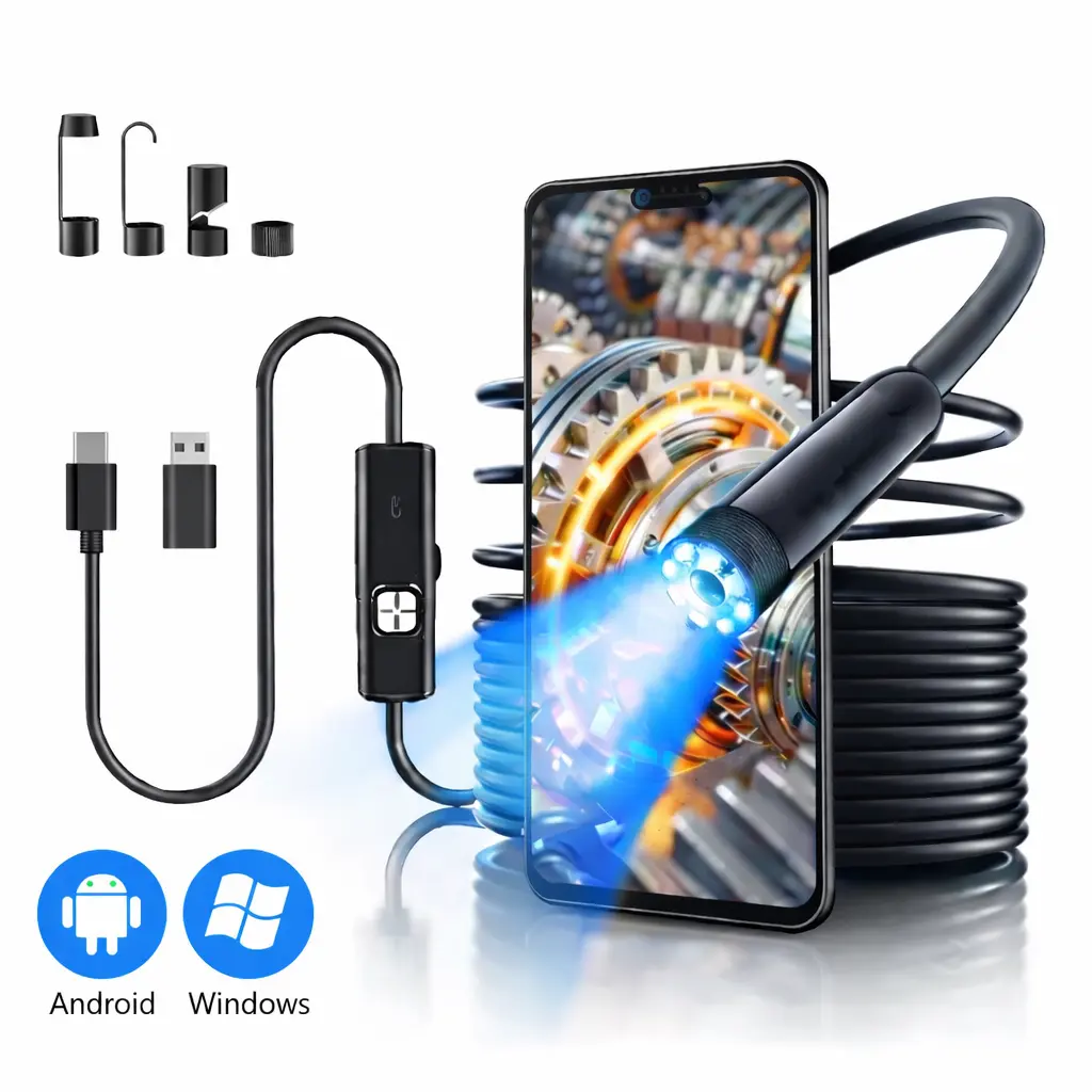 Endoscope Camera 2M (6.5ft) Waterproof with LED Light, 1080P HD Dual-Lens Inspection Camera, Flexible Snake Camera with 6 Adjustable LED Lights, Compatible with Type-C Android and USB Devices (Not Compatible with iOS)