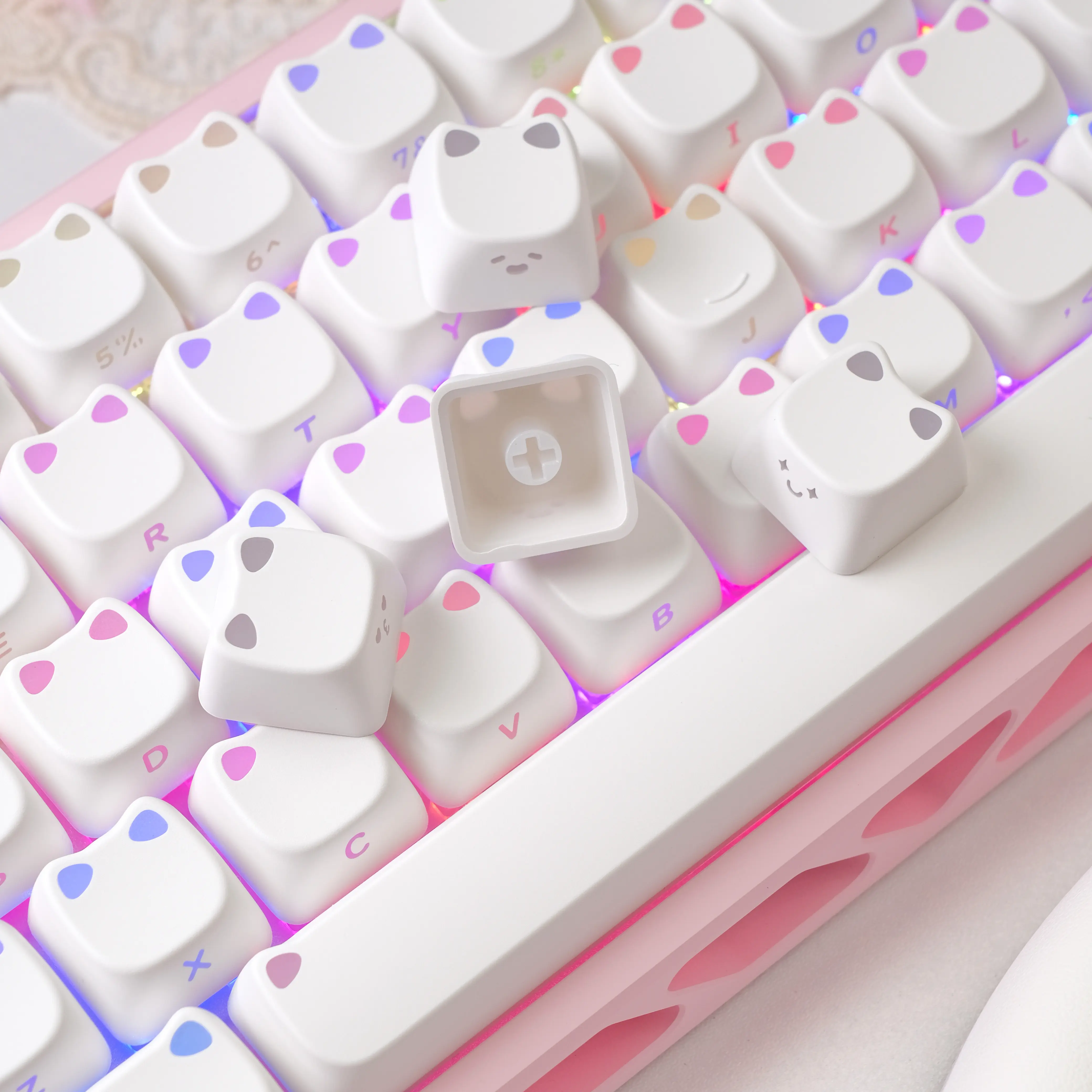 DigAura Lumicat Light-up Ears Keycap Set - 113-Key, Creamy White, Cat Profile, Side-Printed (Keyboard Not Included, Keycaps Only), None