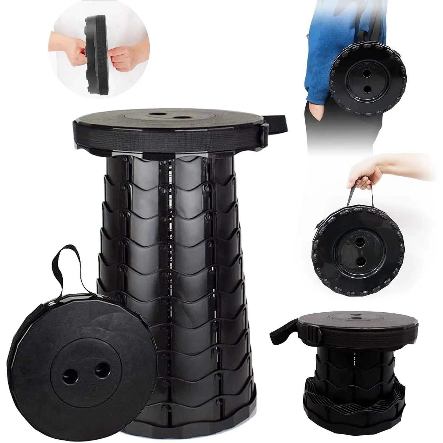 Telescoping Folding Stool, Lightweight Collapsible Seat for Camping & Bushcraft with Fish-Scale Design, Height Adjustable, Supports 400 lbs, Includes Adjustable Shoulder Strap, Folding Chairs, Collapsible Stools, Beach Stools