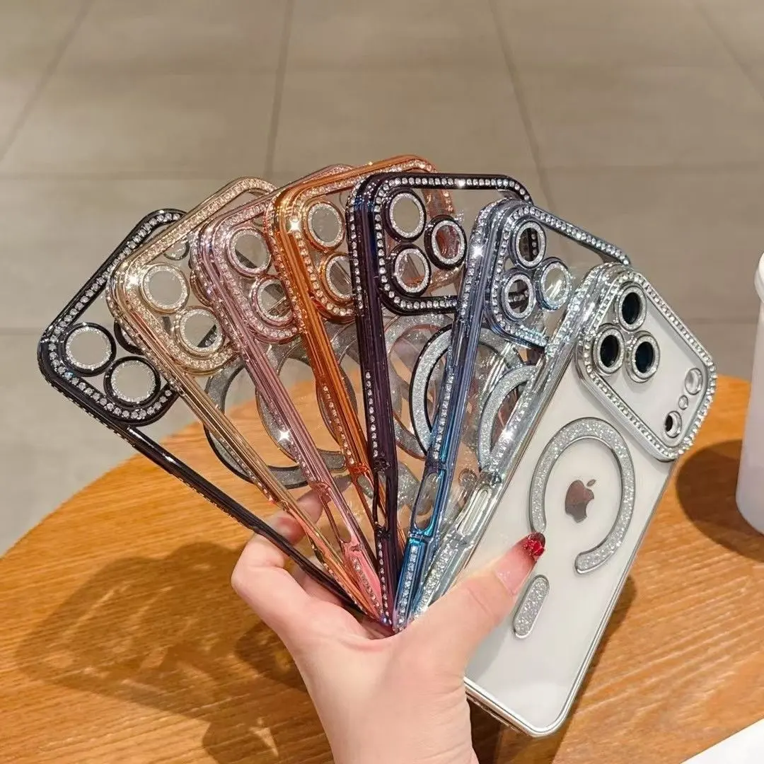 Bling Rhinestone MagSafe Clear Phone Case for iPhone, Glitter Diamond Electroplated Frame Lens Protective Cover, Luxury Sparkly Shockproof Transparent Phone Shell for Women Girls