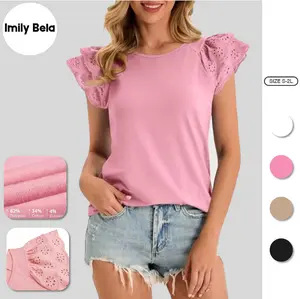 Imily Bela Womens Ruffle Cap Sleeve T-Shirts Dressy Casual Summer Lace Tank Tops Crewneck Cute Basic Tee