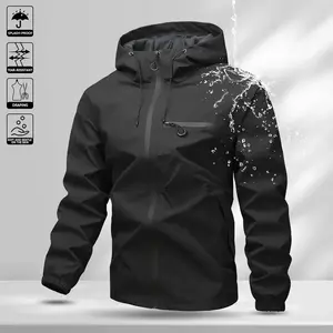 Men’s softshell waterproof windproof hooded jacket with drawstring, sporty casual style, large front pocket, side zip closure, spring/autumn apparel, back-to-school season outfit, long-sleeve for spring/autumn outings Longsleeves jackets zip up clothes
