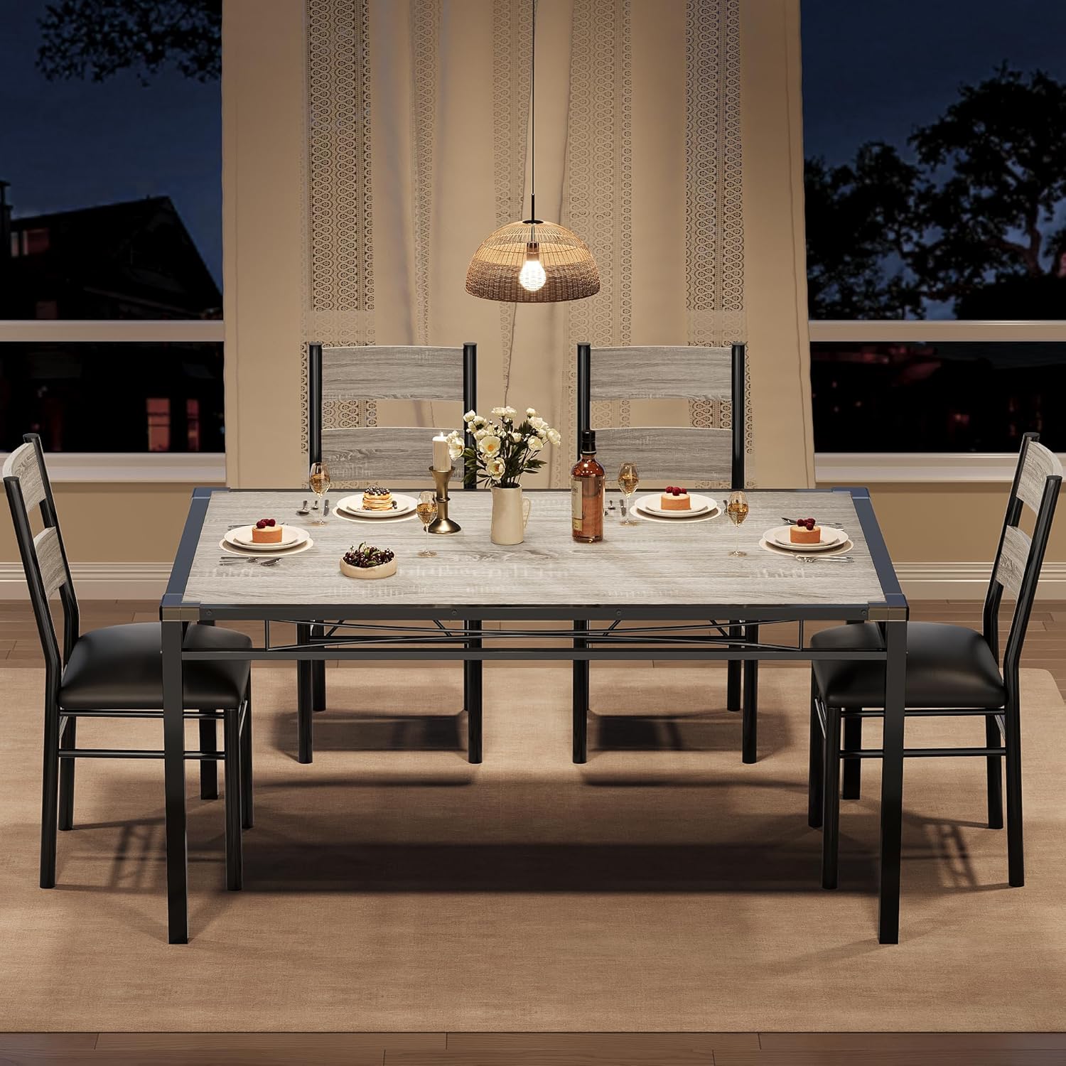 Dining Table Set for 4, Wood Kitchen Table Chairs Set of 4 with Corner Protector, Kitchen Table with 4 Upholstered Chairs, for Small Space, Dining Room, Apartment