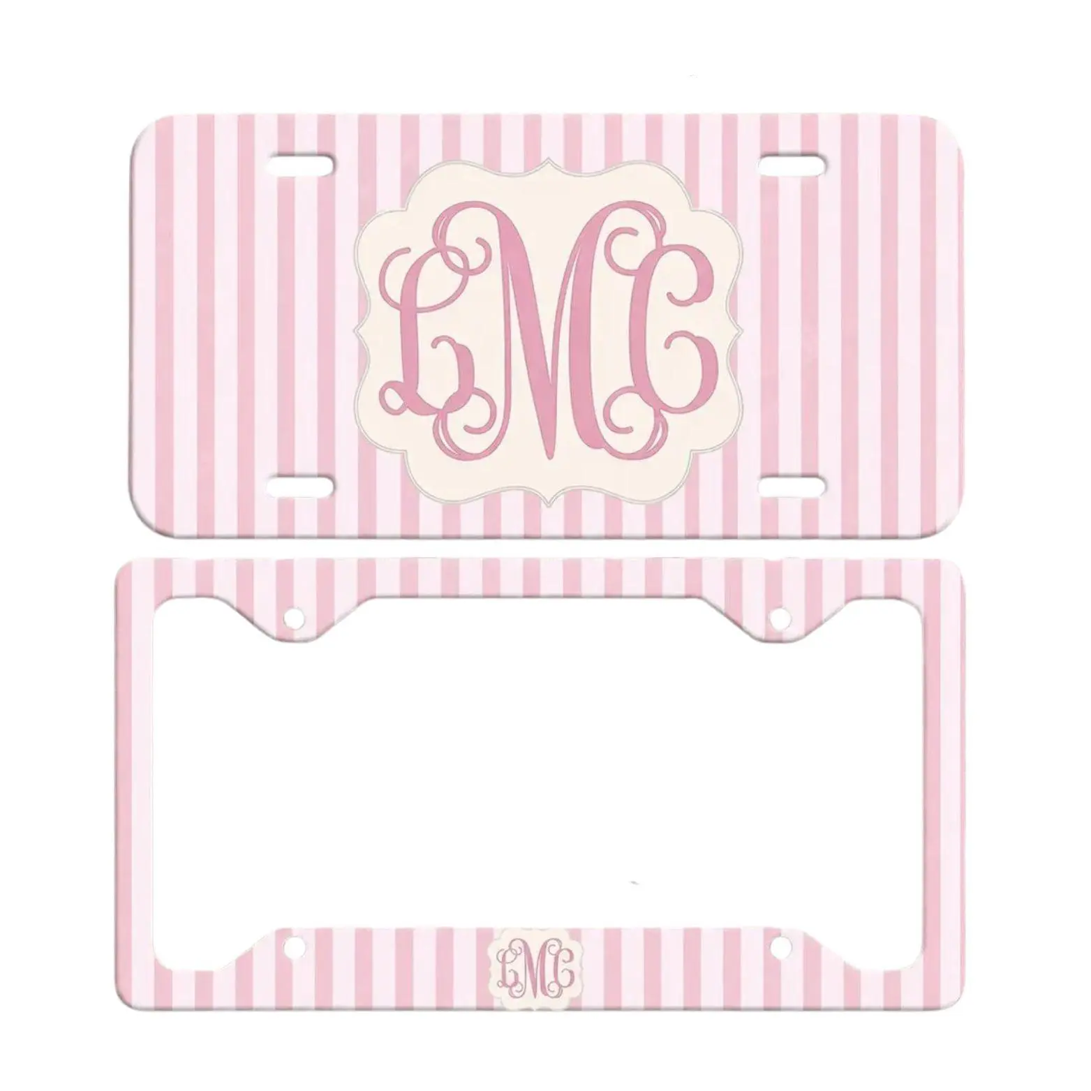 Personalized Pink Striped Monogram License Plate and Matching License Plate Frame Combo Set Custom Initial Front Vanity Plate Set Cute Car Accessories for Women