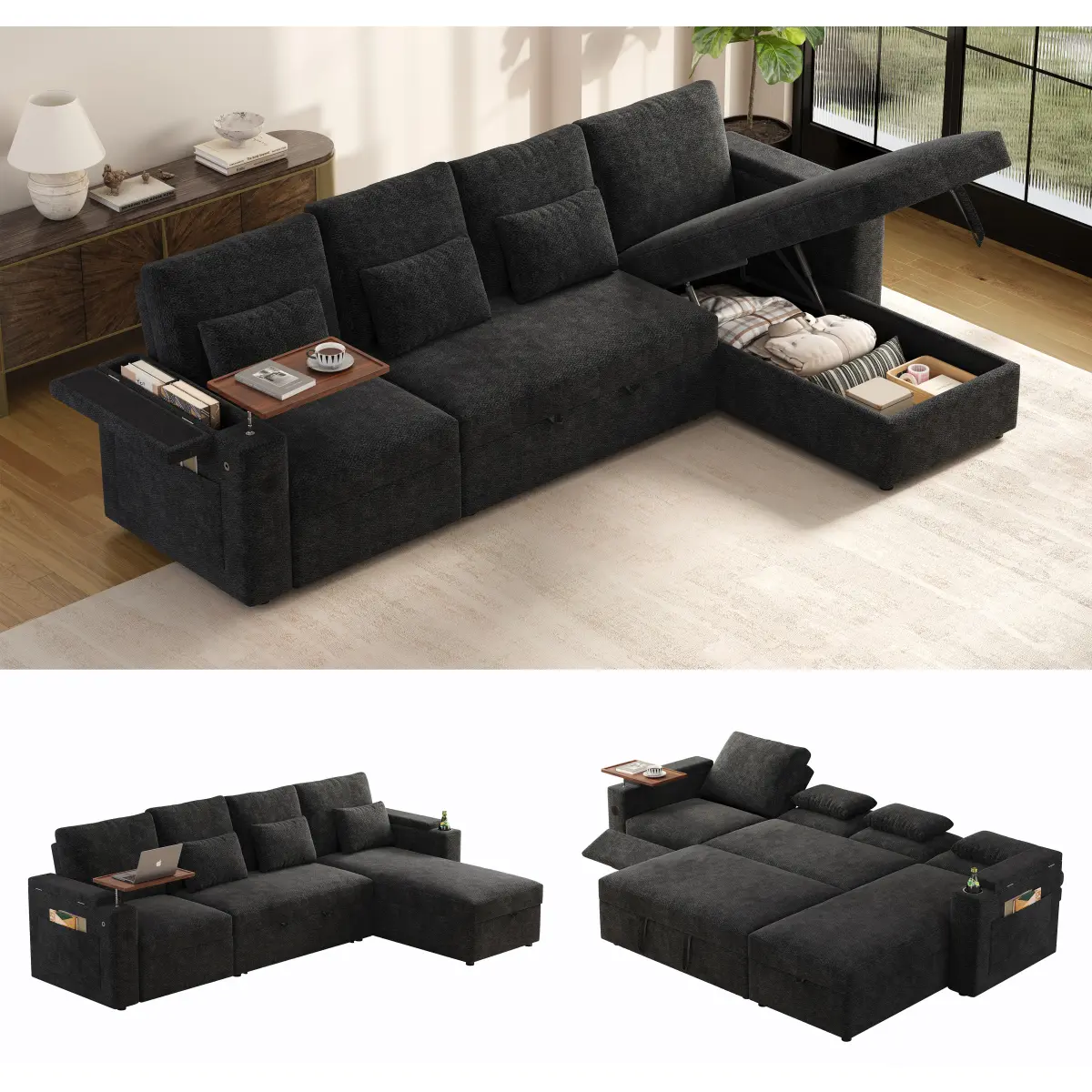 Aobtkel 108" 3-in-1 Sectional Sleeper Sofa Bed, 3-Seater Sherpa Pull-Out Couch with 6-Position Adjustable Backrests, Storage Chaise, Armrest Storage, USB Port & Side Table for Living Room, Apartment, Guest Room