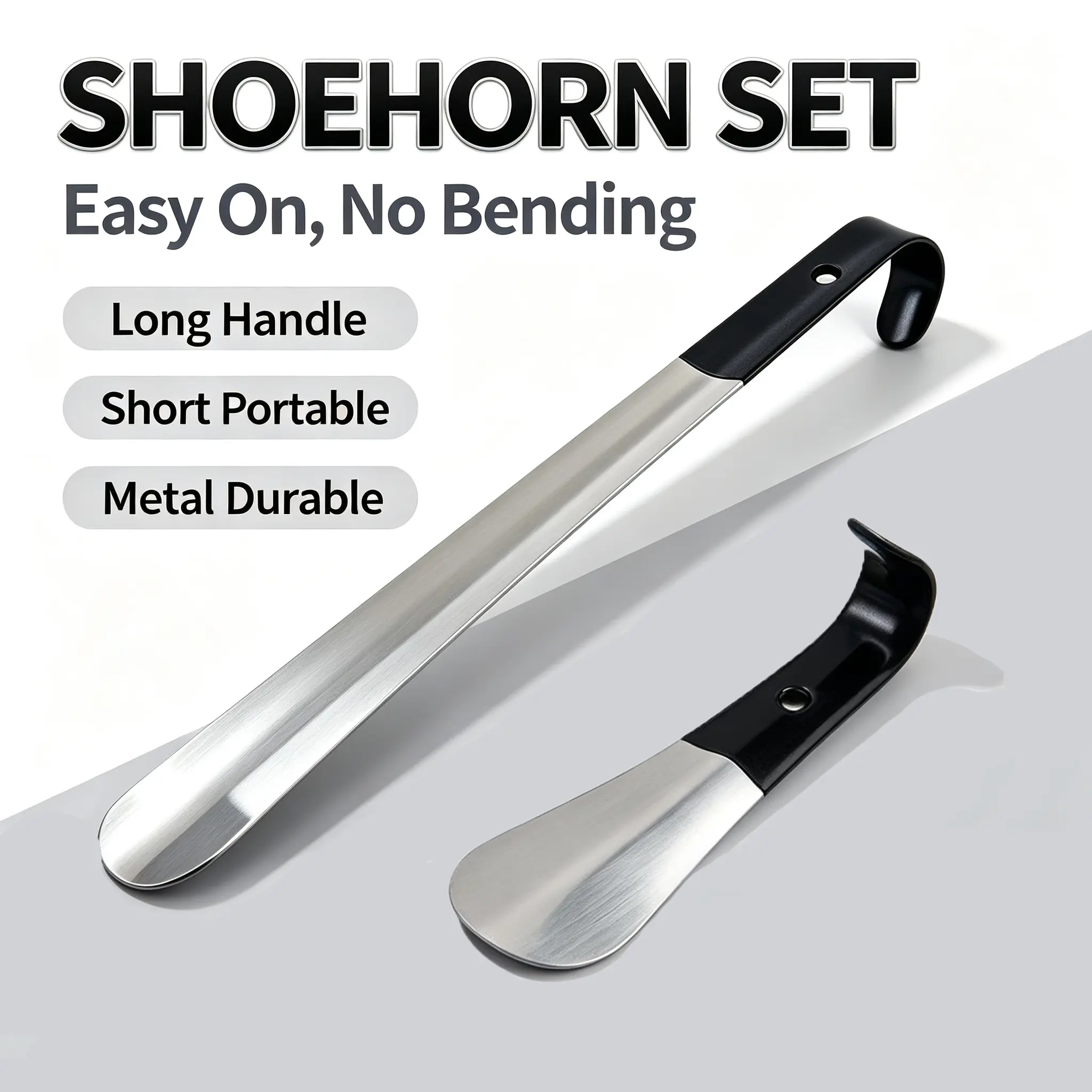 Unisex Long Handle Shoe Horn Set - 23 in Sturdy Stainless Steel for Seniors, 7.5 in Travel Small Spoon Helper for Easy Shoe Wearing, Everyday Use for All Ages (No Bending Over)