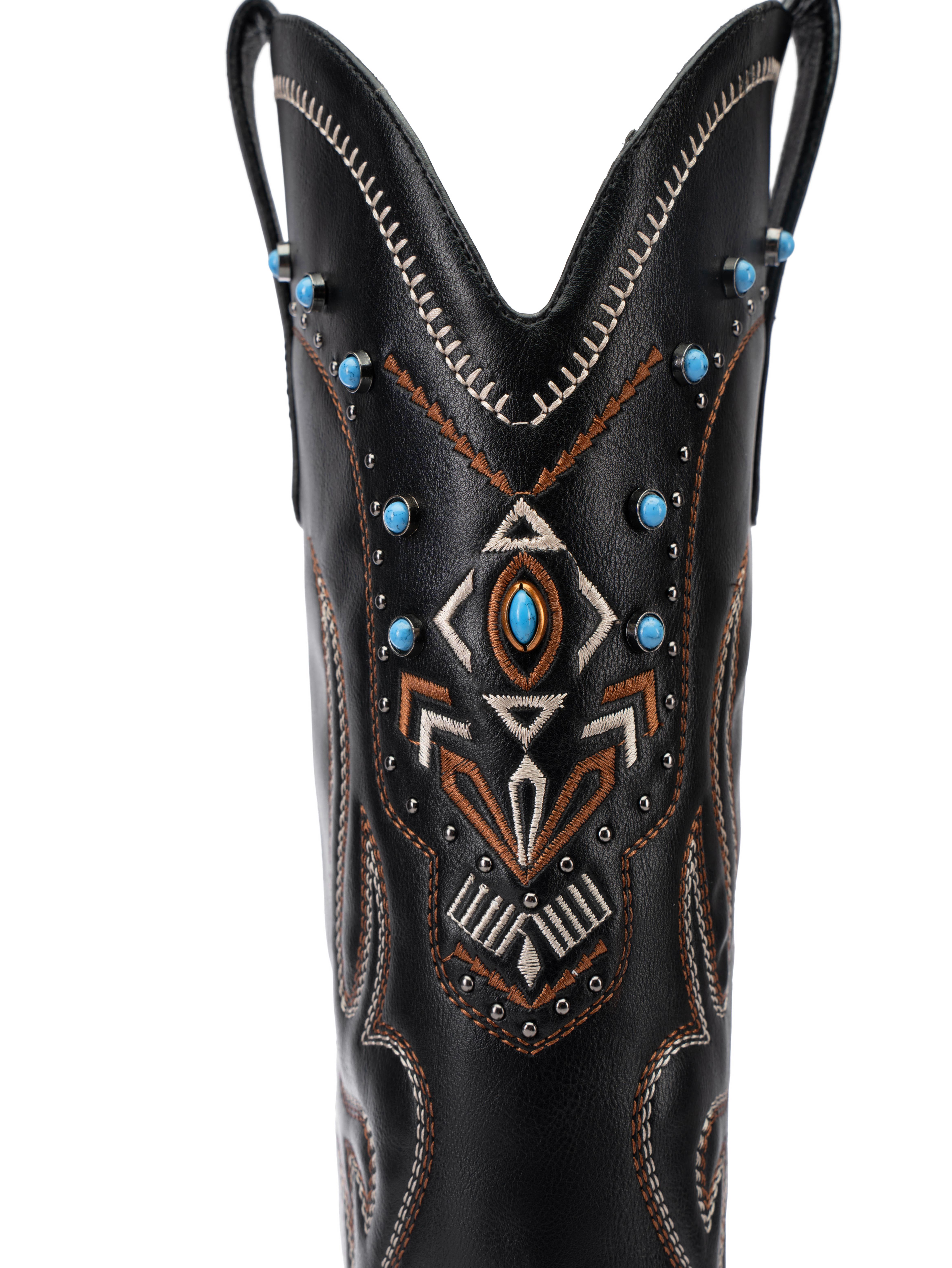 ReneChristine Women's Embroidery Western Cowboy Boots with Studs & Emerald Gemstones, Knee High Wide Calf Cowgirl Boots for Gatherings Weekend Hangouts Black Leather fur boots knee high boots boots for fall thigh high boots brown boots cowgirl boots Sprin