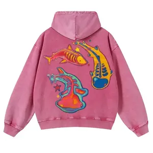 Enigma of Sharks Back Print Casual Washed Hoodie