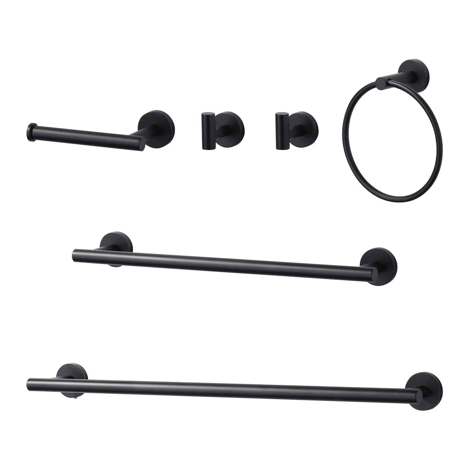 WOWOW 6-Piece Matte Black Modern Stainless Steel Bathroom Set - Premium Construction, Smooth Easy-to-Clean Surface, Concealed Mount Vanity Organization Fixtures: 2 Hooks, 1 Ring, 1 Toilet Paper Holder, 2x18 in. Towel Bars, Hassle-Free Installation, Bathro