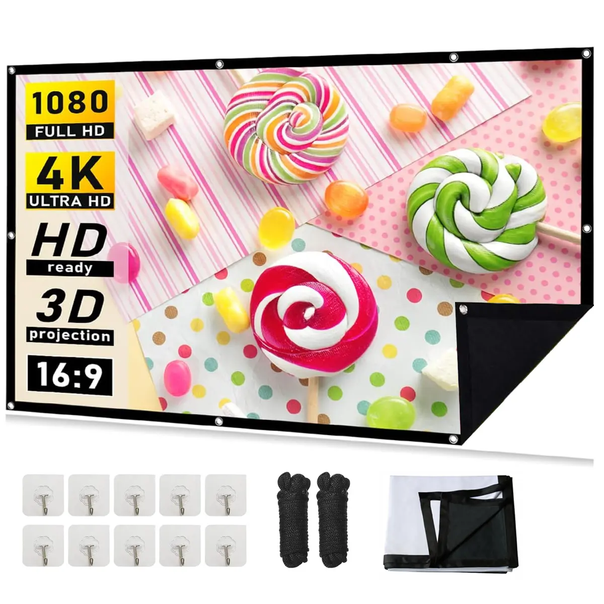 foldable anti-crease portable projector movieDouble Thickened Opaque Fabric， 100 Inch 16:9 Full HD, Opaque for Home Theater Outdoor Indoor Office with 10 Adhesive Hooks, Outdoor Rope, No Crease Projector Screen,back to school,back to school haul