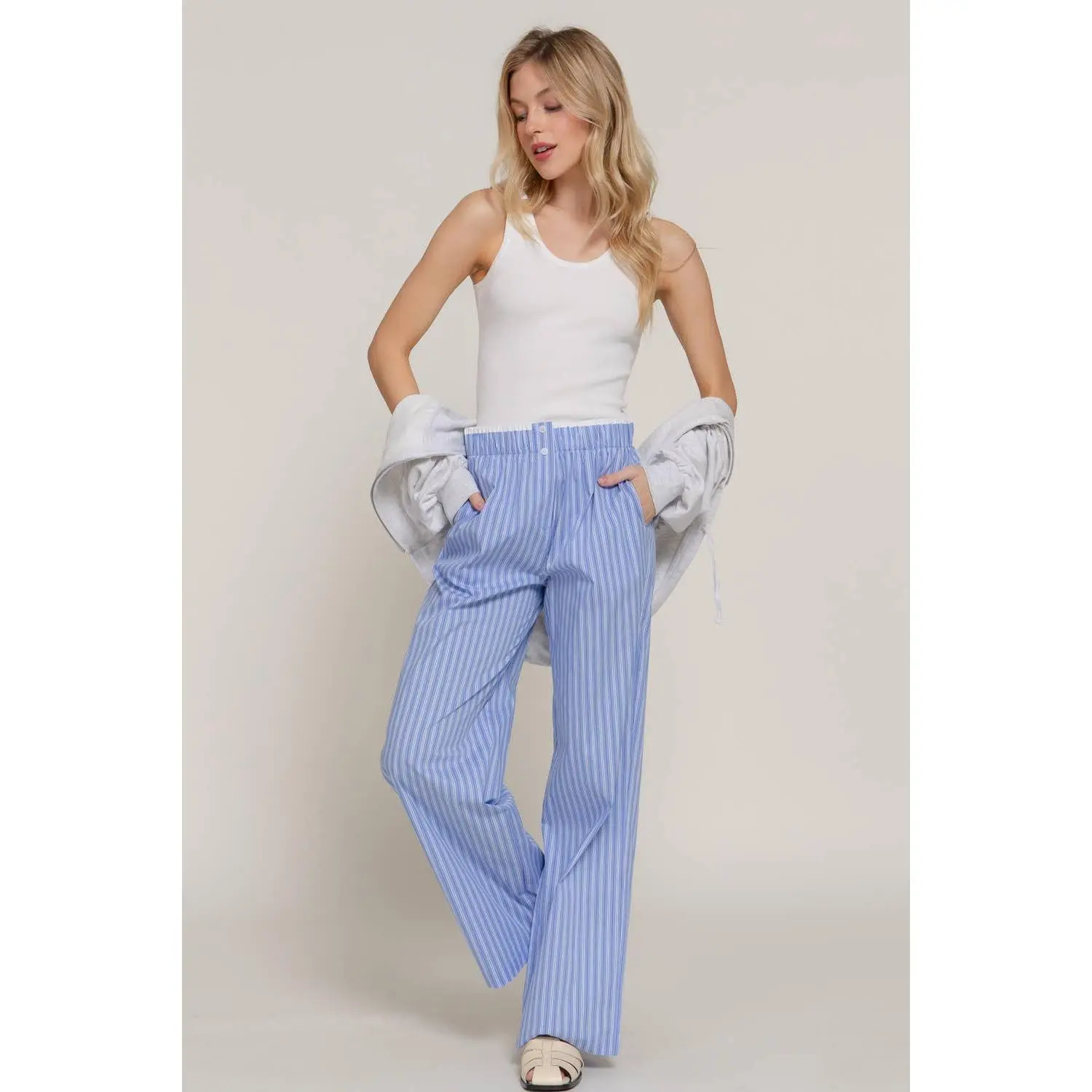Active USA "Lounge Line" Contrast Waist Boxer Straight Pants — Striped Yarn-Dyed Stretch Woven Western Loungewear