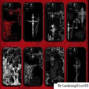 Gothic Cyber Sigil Cross Phone Case For iPhone 17 16 15 14 13 12 11 Pro Max Plus Soft Black Cover.8.R93