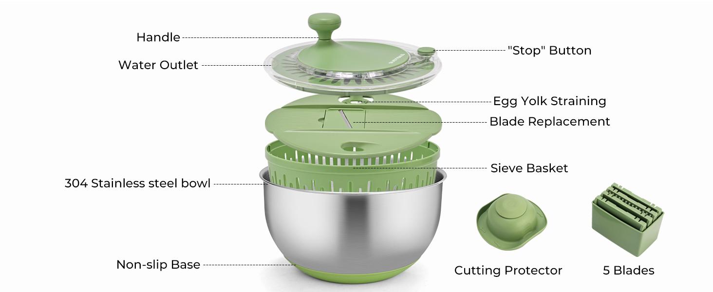PUKOMC 5 in 1 Large Salad Spinner Dehydrator with Vegetable Chopper, Drainer, Bowl & Colander, Multifunctional Kitchen Utensils - Stainless Steel for Fruit