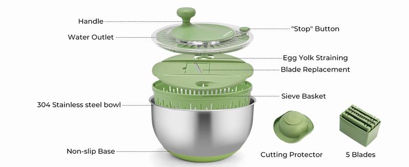 PUKOMC 5 in 1 Large Salad Spinner Dehydrator with Vegetable Chopper, Drainer, Bowl & Colander, Multifunctional Kitchen Utensils - Stainless Steel for Fruit