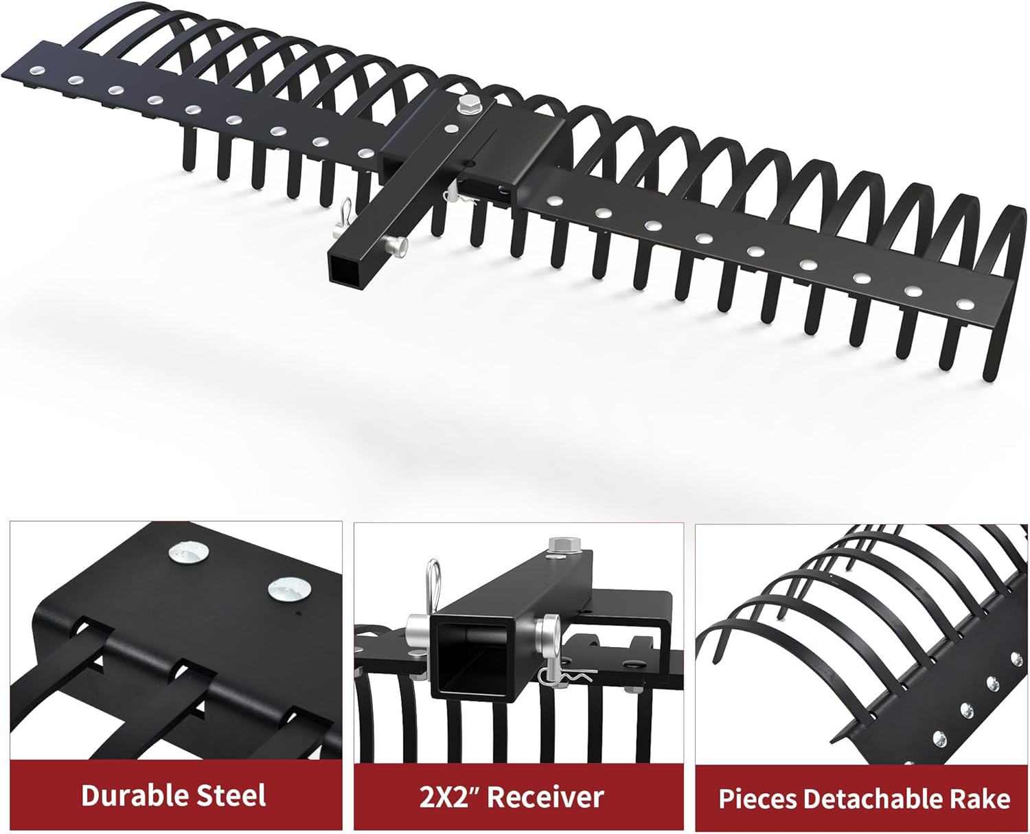 YITAMOTOR 48" / 60" Tow Behind Landscape Rake, 2" Receiver Lown Dethatcher Rack with 17 / 21 Steel Tines for ATV/UTV & 3-Point Hitch Systems Tractor, for Leaves, Debris, Grass, Pine Needles  Garden Manuallawnmower
