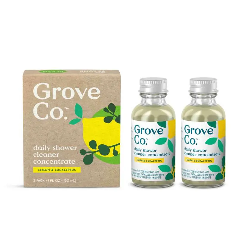 Grove Co. Concentrated Daily Shower Cleaner (Fragrance-Free Option), 2-Pack 1oz Bottles - Plant-Based Household Natural Cleaning Agents, Safe on Glass, Tile, Tubs, Cardboard-Packaged