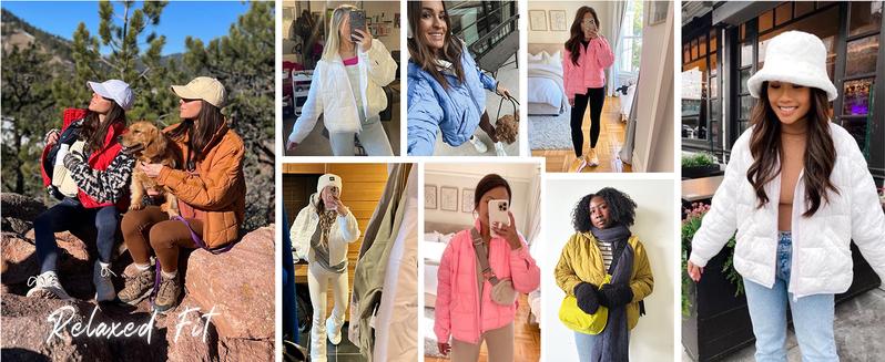 Naeduo Women's Oversized Quilted Lightweight Puffer Jacket Casual Padded Coat Long Sleeve Collared Khaki Outerwear Basic Everyday Wear