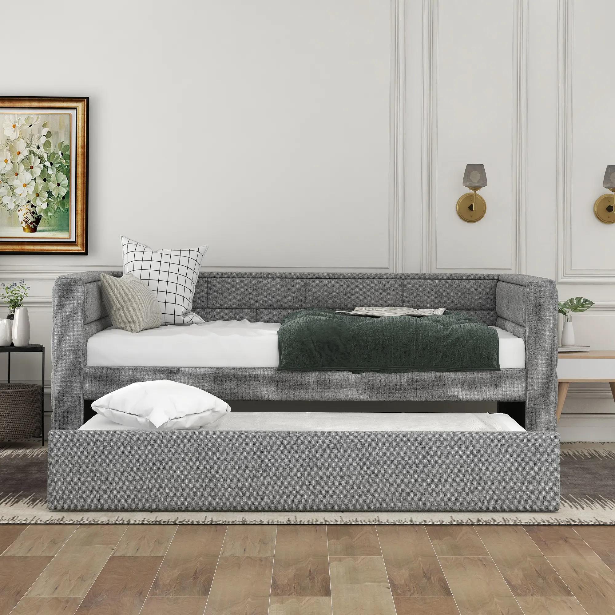 Bellemave Glam Twin-Size Upholstered Daybed with Pull-Out Trundle, Foam-Padded Back, Storage, Sturdy Pine Wood Bedroom Bedframe, Indoor Furniture