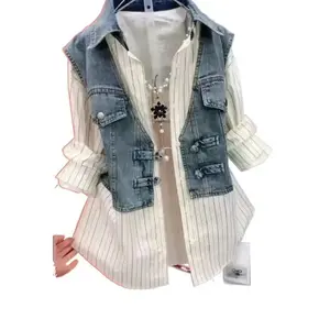 Design Striped Denim Jacket Shirt for Women Spring and Summer New Denim Stitching Fake Two Pieces Shirts Coat Top Women