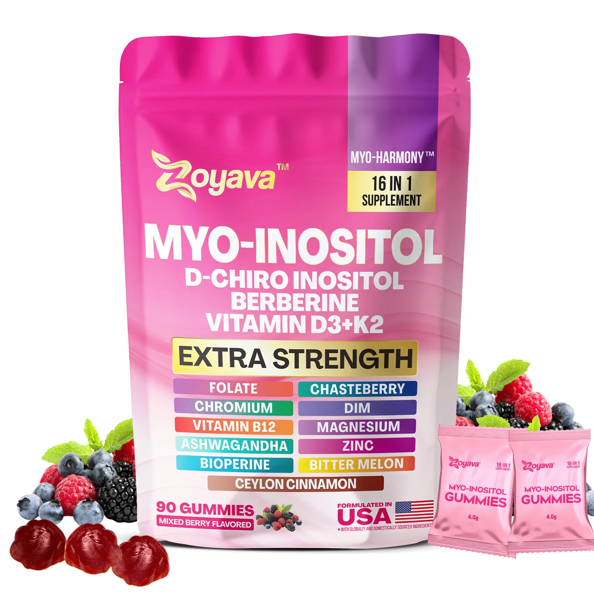 Zoyava Myo-Inositol Gummies -  Women's Hormones & Cycle Support Dietary Supplement - with D-Chiro Inositol, Berberine & More - 90 Edible Gummies - (Mixed Berry Flavored)