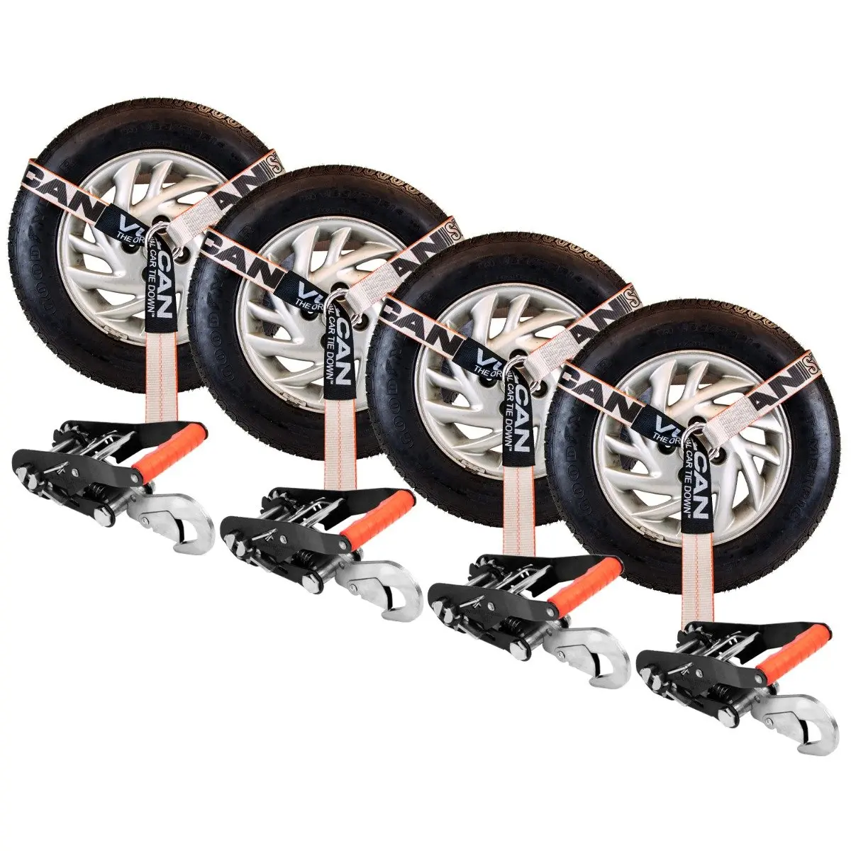 VULCAN Silver Series Car Tie Down System - 4-Pack Lasso-Style Tire Straps & Tire Harnesses, 2 in x 96 in, Snap Hooks, 3300 lbs Safe Working Load, Webbing for Trailers