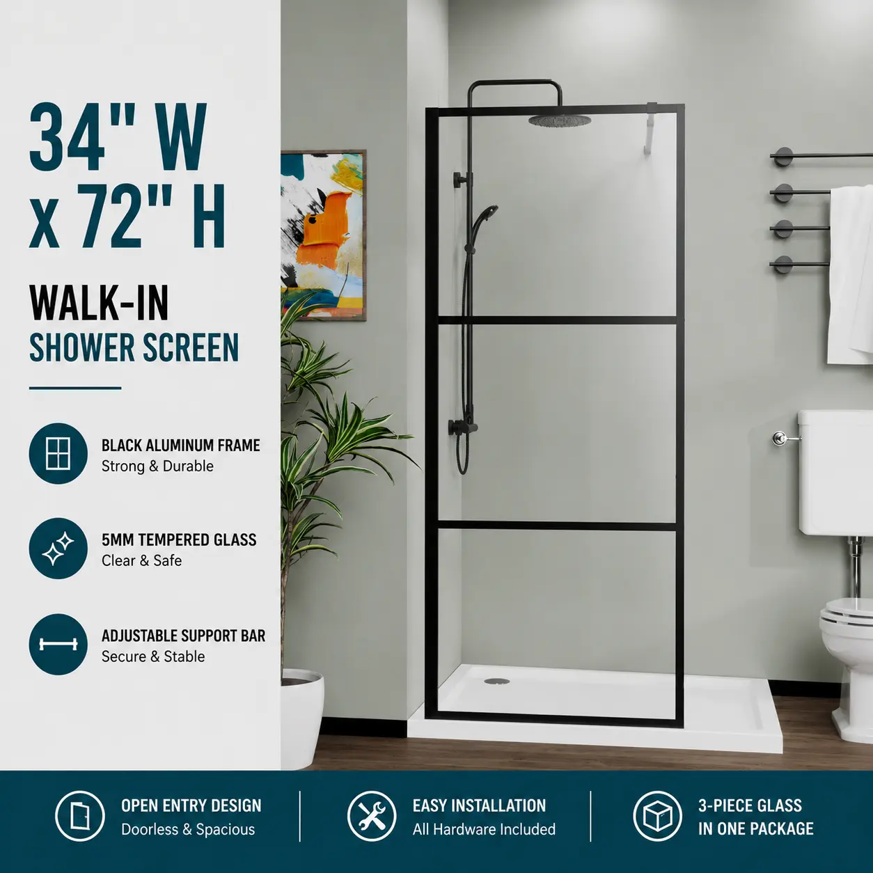 34" W x 72" H Walk-in Shower Screen, Full-Frame Black Aluminum, 5mm Clear Tempered Glass, Adjustable Support Bar, Open Entry Shower Panel