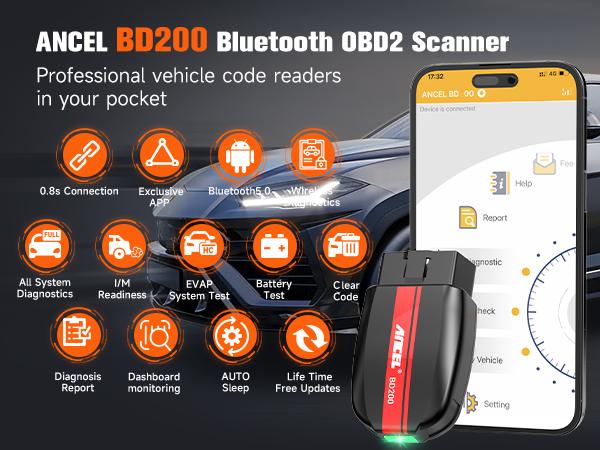 ANCEL BD200 0BD2 Scanner Bluetooth Code Reader & Check Engine Diagnostic Scan Tools with Car Battery Test, Wireless OBDII Adapter