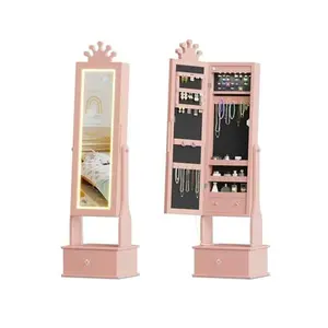 Kids Jewelry Cabinet with LED Full-Length Mirror, Freestanding Princess Vanity with Drawers & Jewelry Organizer, Wooden Armoire with Lights for Girls Dress Up, Perfect Birthday Light
