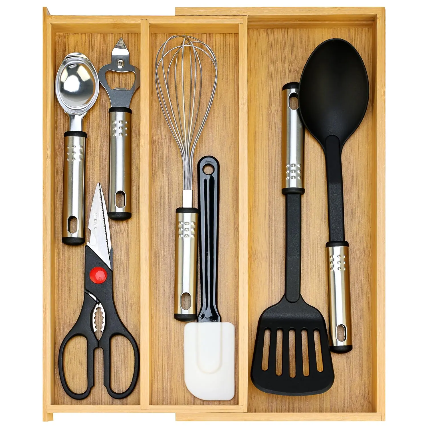 Large Modern Rectangle Bamboo Kitchen Utensil Drawer Organizer - Expandable Silverware Tray, Adjustable Divider, Wooden Holder for Spoons, Flatware, Knives, Spatulas