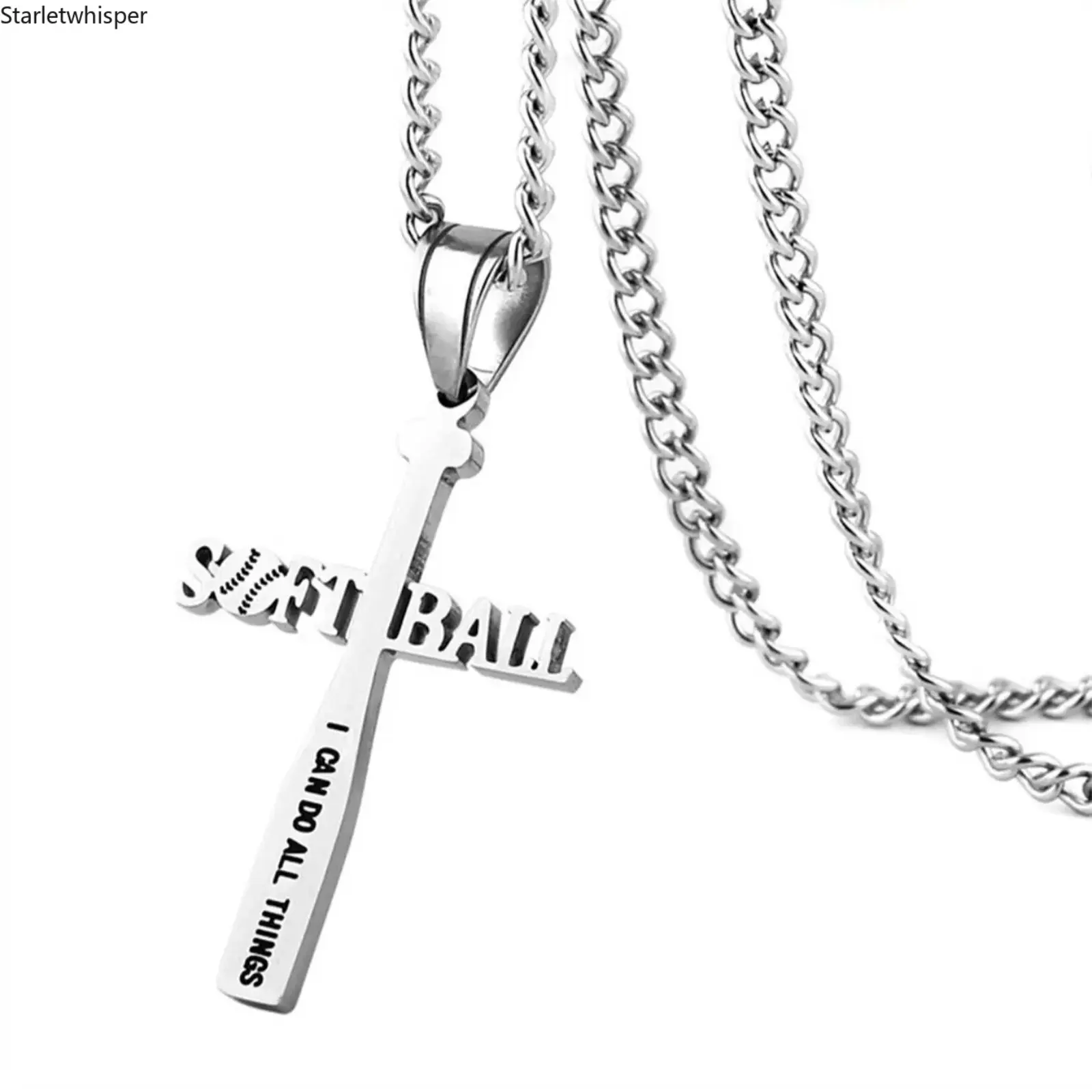 Stainless Steel Softball Bat-Cross Pendant Necklace, Metal Coating Cuban Cross Charm Jewelry, Elegant Casual Minimalist Sports Accessory, Birthday Gift for Female Sports Enthusiasts, Daily