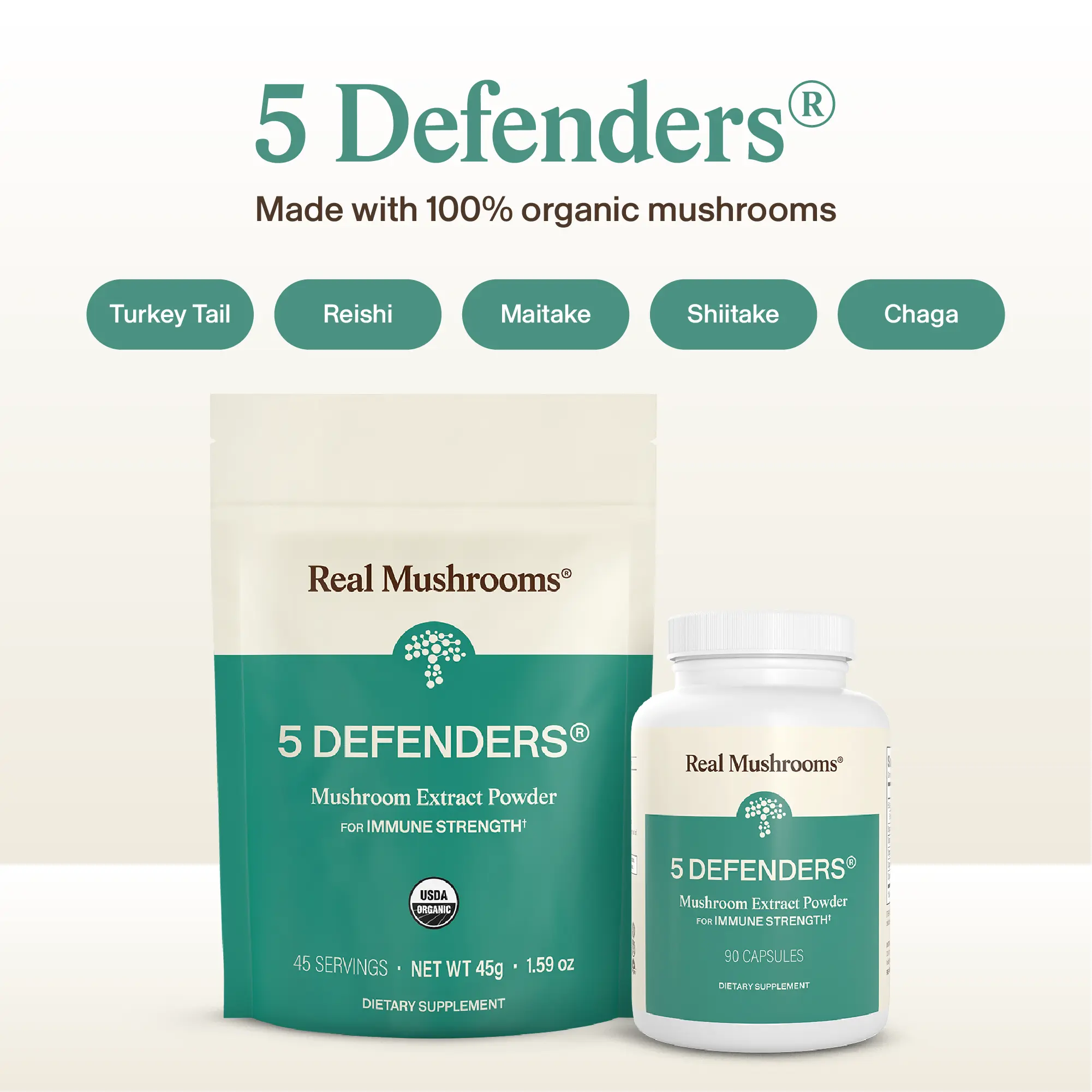 Real Mushrooms 5 Defenders Powder | Organic Mushroom Complex | Reishi, Turkey Tail, Chaga, Shiitake & Maitake | Daily Wellness & Immune Support | Mix in Coffee