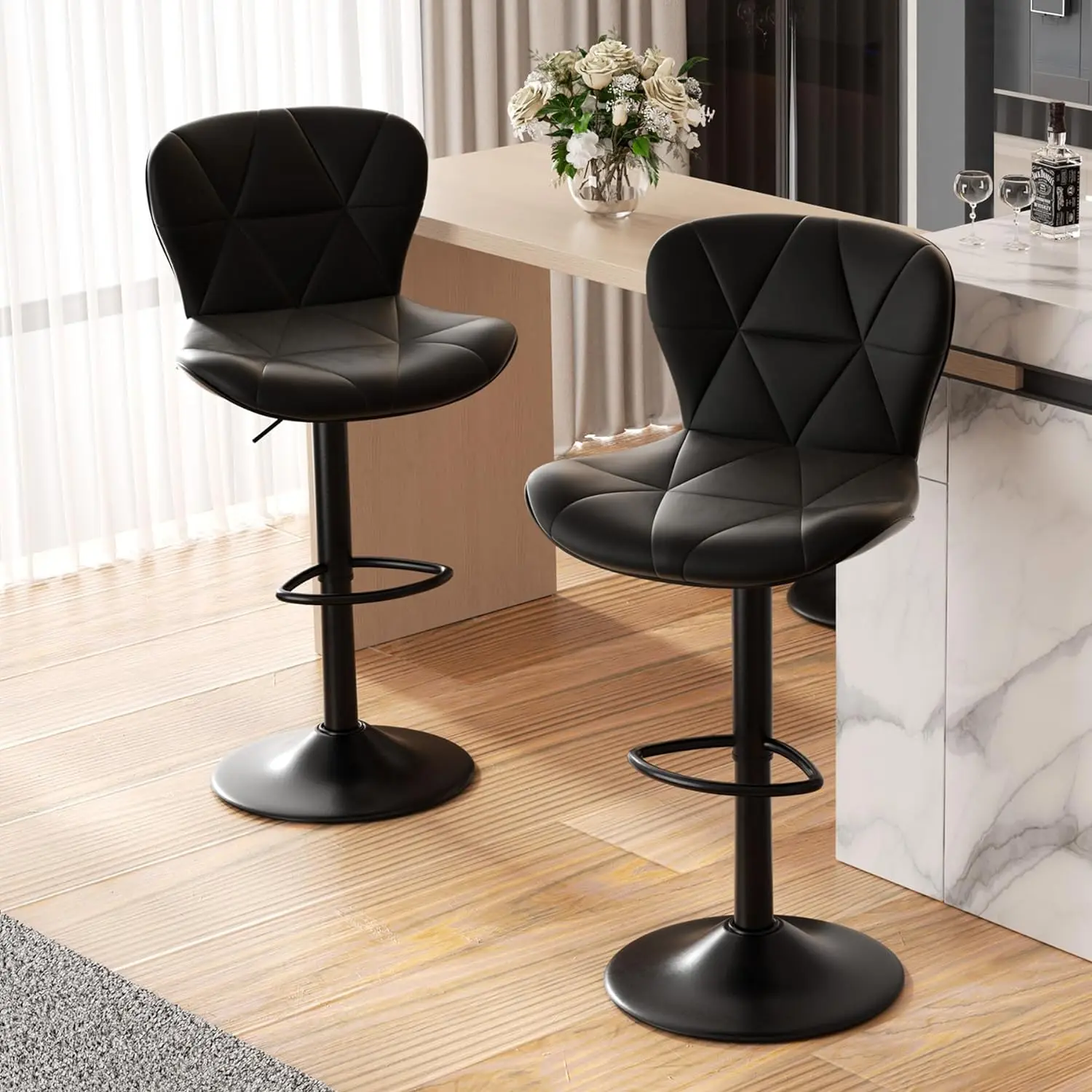 Modern Bar Stool Set of 2, Adjustable Faux Leather Upholstered Swivel Counter Stools, Counter Height Barstools with Back for Kitchen Island, Rust