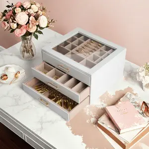 BOOVO Jewelry Box for Women, Glass Lid Jewelry Organizer with 3 Drawers for Necklaces Rings Earrings Bracelets (Rose Gold)