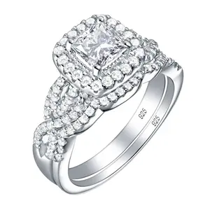 2Pcs 1.4Ct Princess Cut Diamond Option Halo Twisted Ring Set