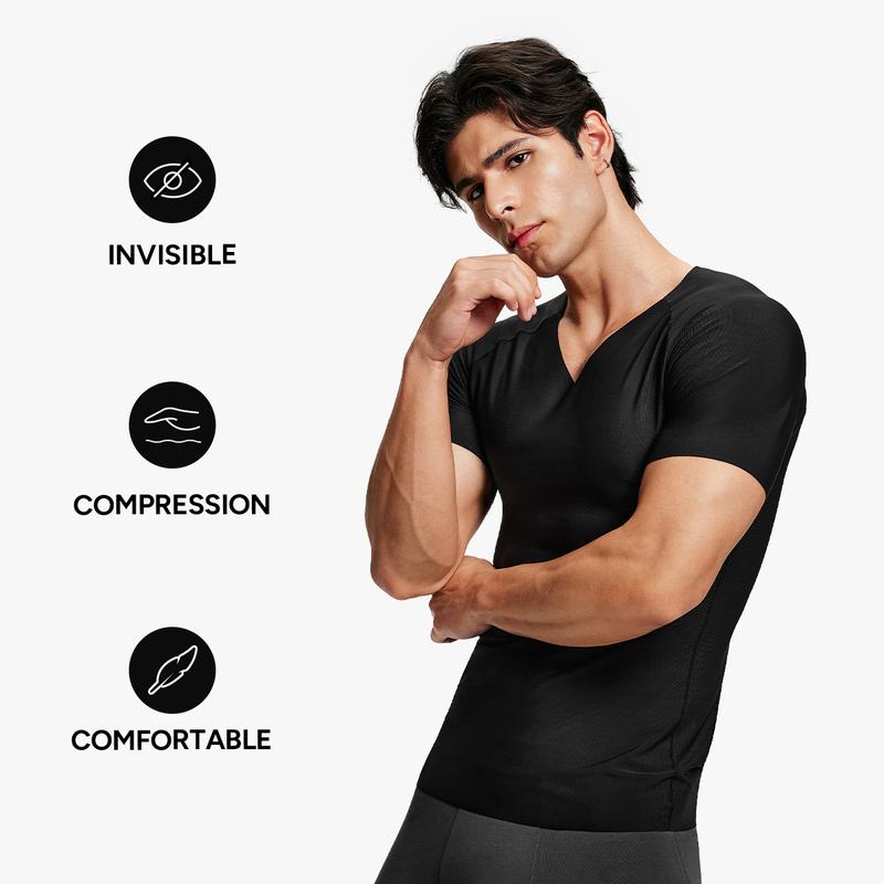 Nebility Mens Invisible Shaping Compression T-Shirt – V-Neck, Quick-Dry, Stretchy Short Sleeve with a Slim-Fit, Smooth Look Under Any Outfit