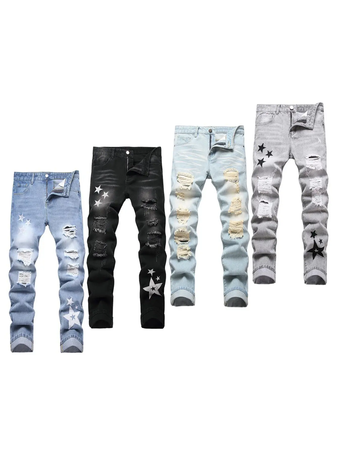 Men's Classic Cotton Distressed Retro Foldable Denim Jeans - 4-Season Comfortable Casual Pants with Zipper, Durable Fabric, Pockets, Embroidery, Buttons, Ideal for Valentine's Day, Thanksgiving, Easter, Menswear Fashion Outdoor Outfits, Halloween, Christm