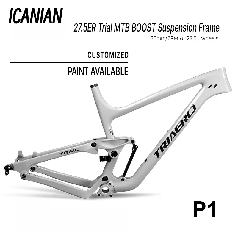 ICANIAN P1 Carbon Fiber Endurance Racing MTB Bike Frame - Customizable Carbon Bike Frame with 130 mm Rear Travel, 27.5/29" Tire Compatibility, Shock-Absorbing Design, Carbon Bike Frames, Shock-Absorbing Bike Frames