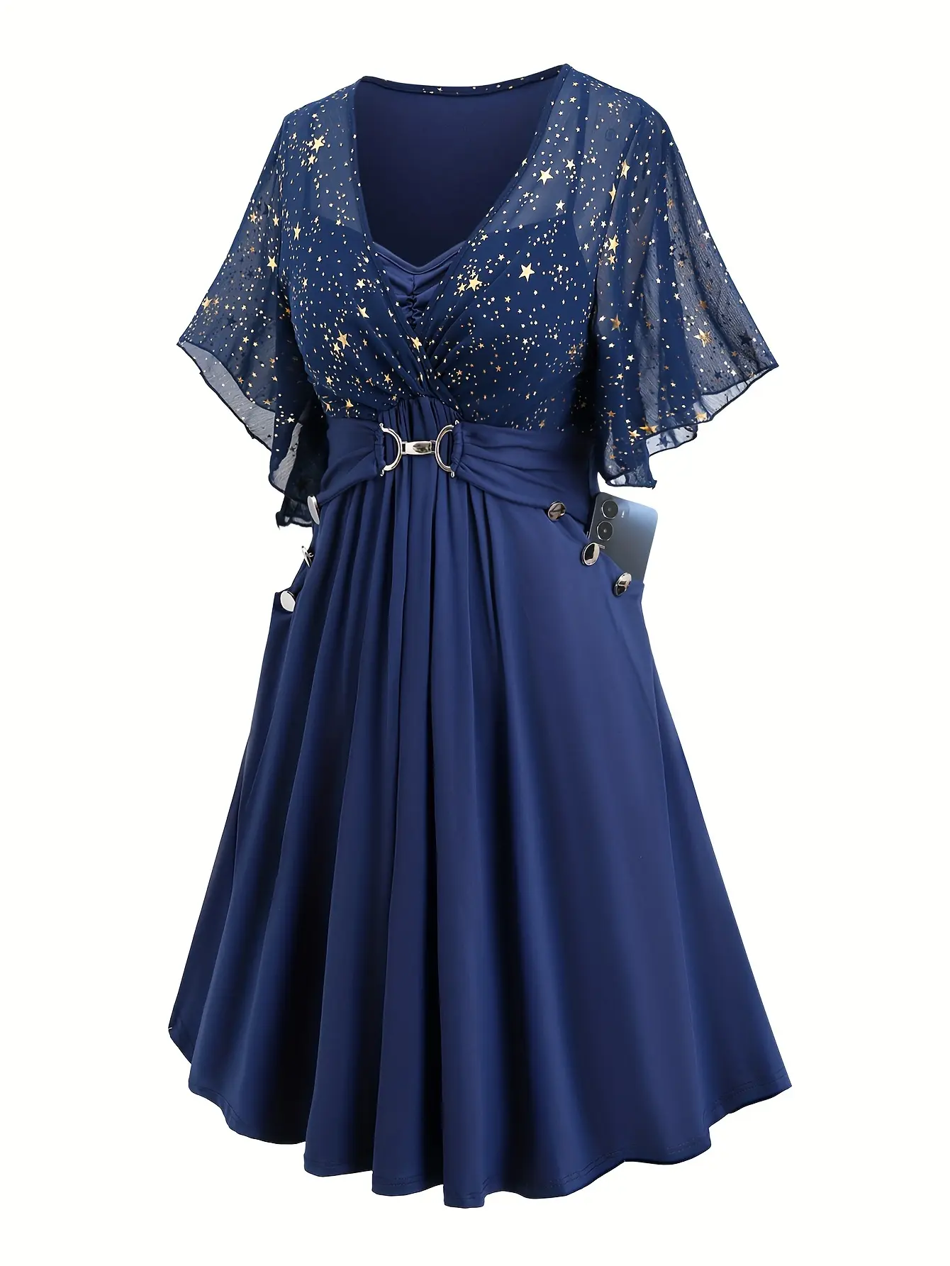 Plus Size - Plus Size - Western Fashion Women'S Plus Size Star Print Belt Button Pocket Ruffle Puff Sleeve Elegant Temperament Dress