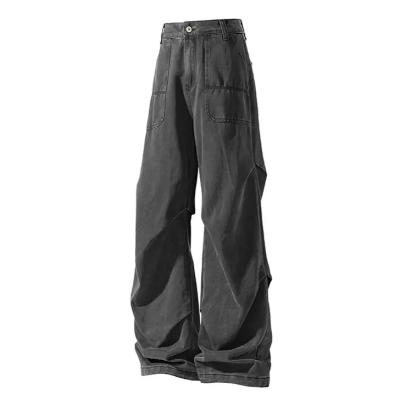 Men's Pleated Denim Trouser Jeans - Menswear Stylish Plain Casual Retro Loose Wide-Leg Streetwear Pants with Deconstructed Ruched Details, Breathable Fabric Mix
