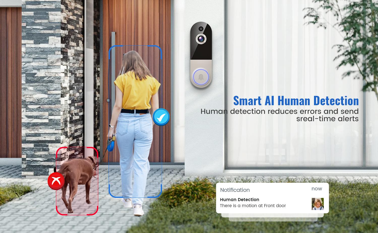 Doorbell Camera Wireless, Smart WiFi Video Doorbell, 1080P, Video Doorbell Camera with 2 Way Audio, AI Human Detection, Night Vision, Cloud Storage, Battery Powered, Easy Installation, 2.4G WiFi Only