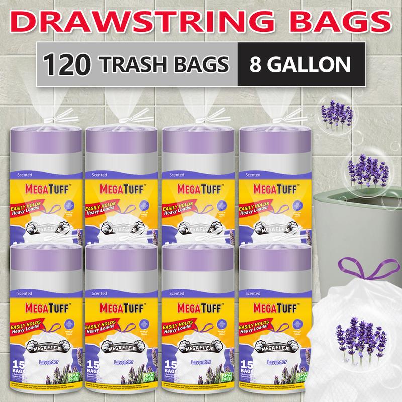 120 Bags 8 Gallon Lavender Aroma Non Tear Expandable Drawstring Plastic DisposableGarbage Bags-Super Strong, Leak-Resistant, Odor-Proof For Bedroom, Kitchen, Living Room,Outdoor, And Toilet Use Trash Bag- Convenient And Sanitary Waste Solution