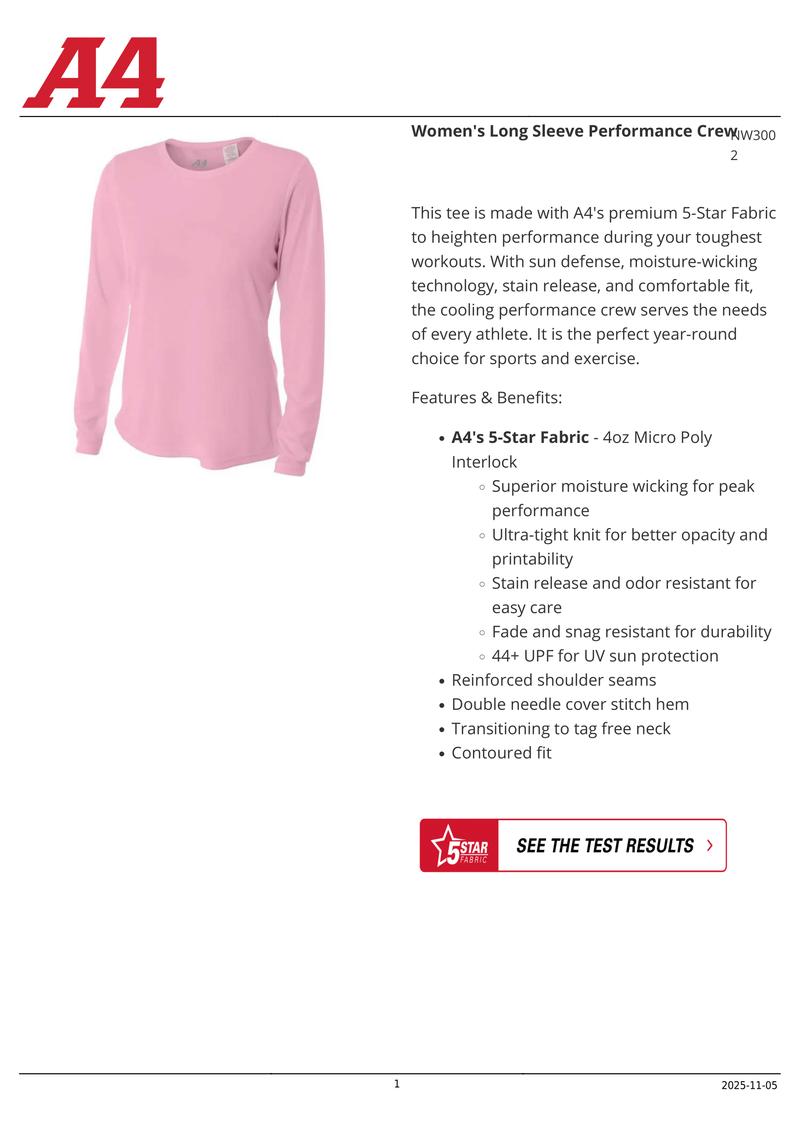 A4 Women's Long-Sleeve Cooling Performance Crew - Breathable Athletic Top for Gym & Outdoor Wear with Moisture Wicking & UPF 44 Sun Protection