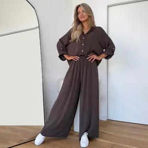 Joyfunear Women's Button Down Shirt & Wide Leg Pants Loungewear Set 2pcs Drop Shoulder summer women set long Pants Casual Breathable