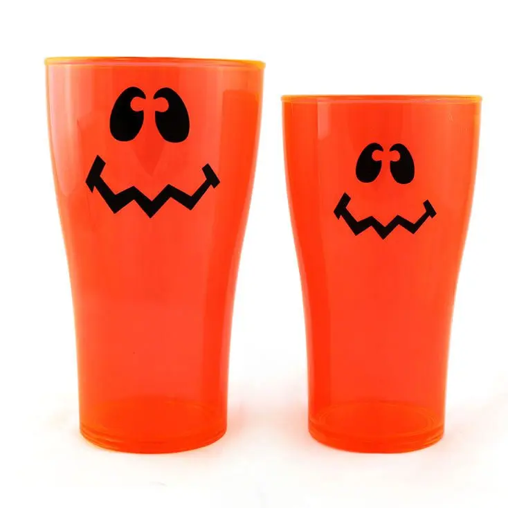 Halloween Wacky Jack O'Lantern Polycarbonate Cups - Glowing Neon Orange, Lightweight, Black Light Reactive, 2 Sizes (570ml/14 oz), Disposable Festive Party Tableware for Home Supplies, Reusable Cups Alternative