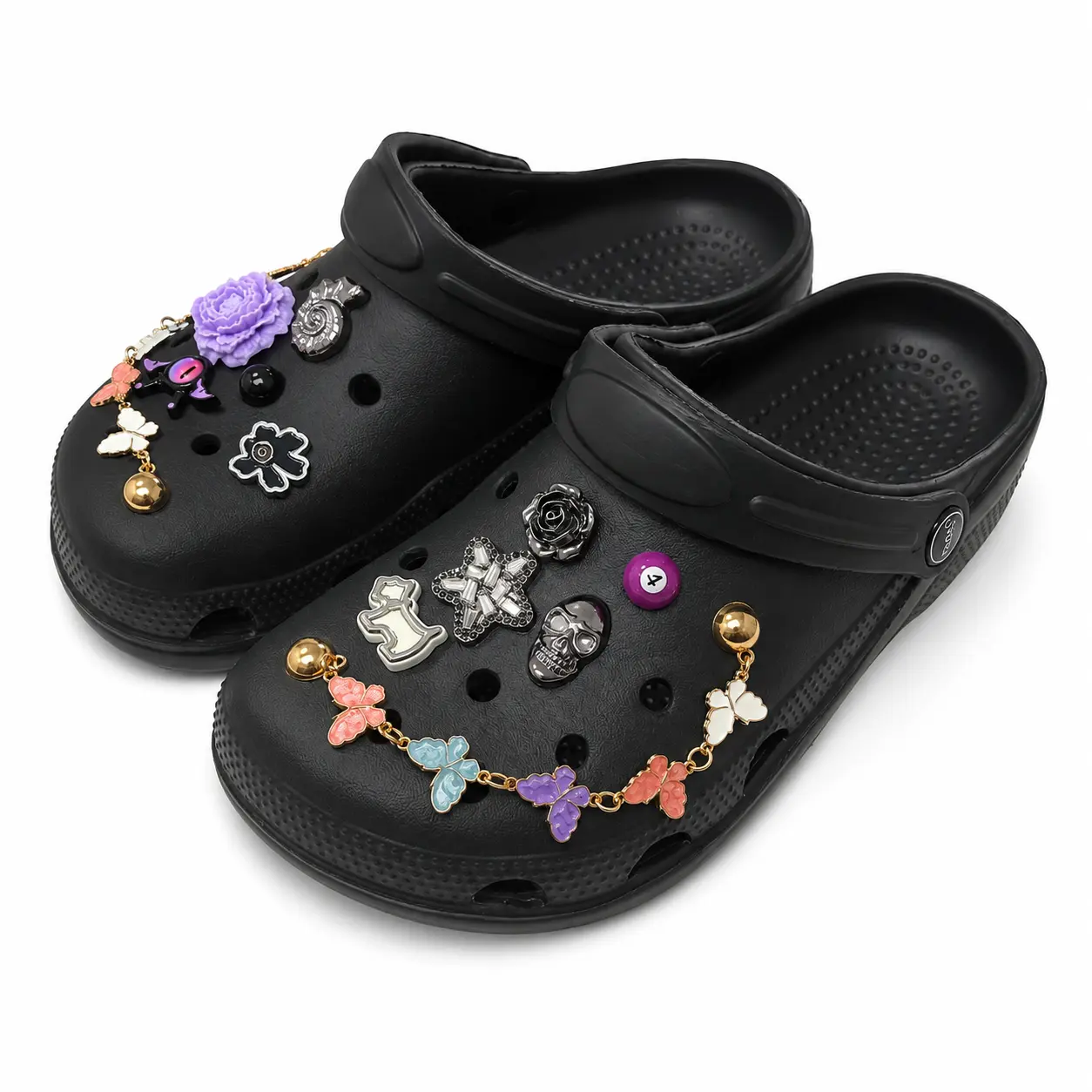 Women's Black Goth Chic Clogs for Women - EVA Upper, Flat Sole, Cute Floral Slip-On Garden Sandals with 10 Removable Charms, 2 Butterfly Chains