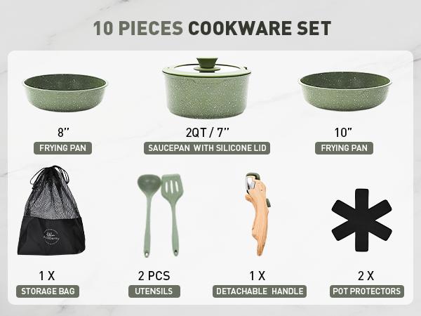 [Holiday Haul] Kitchen Academy Detachable Handle Induction Cookware Sets - 10 Piece Non-stick Pots and Pans Set for Camp Lightweight Oven Stove Black Outdoor Activities, Christmas Gift