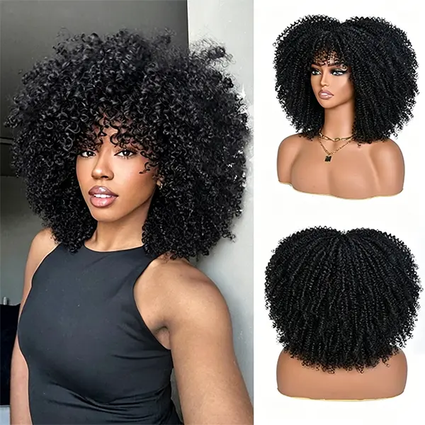 Black Women's 14-Inch Synthetic Hair Afro Kinky Curly Wig with Bangs, Voluminous, Lightweight Bounce, Natural, Odorless, Glueless, Adjustable Strap, Full Hair Replacement for Daily Work, Party